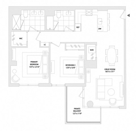 Floor plan for 2 beds, 2 baths, 1129 sqft